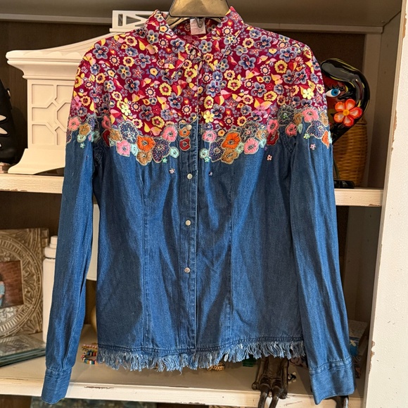 Tops - Oilily size 42 denim floral jacket fringe bottom blouse 